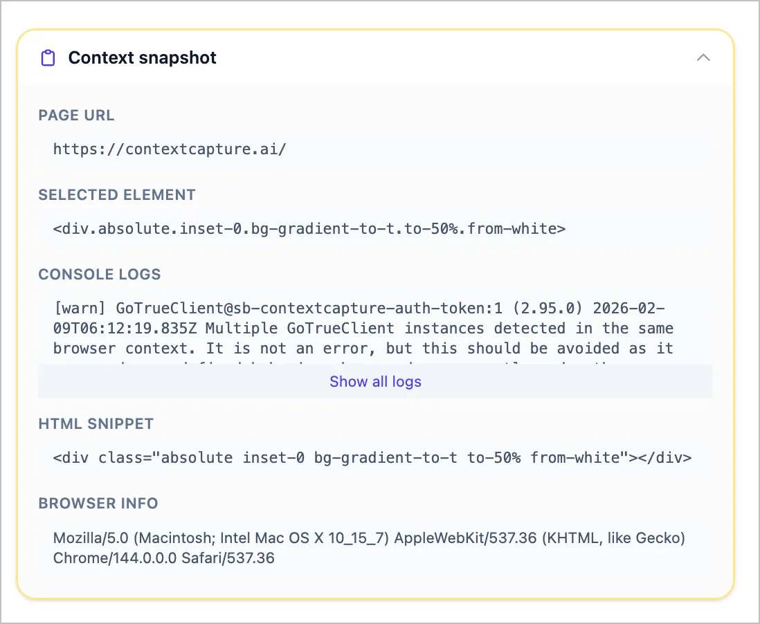 Context capture showing page URL, console logs, and selected HTML element details.