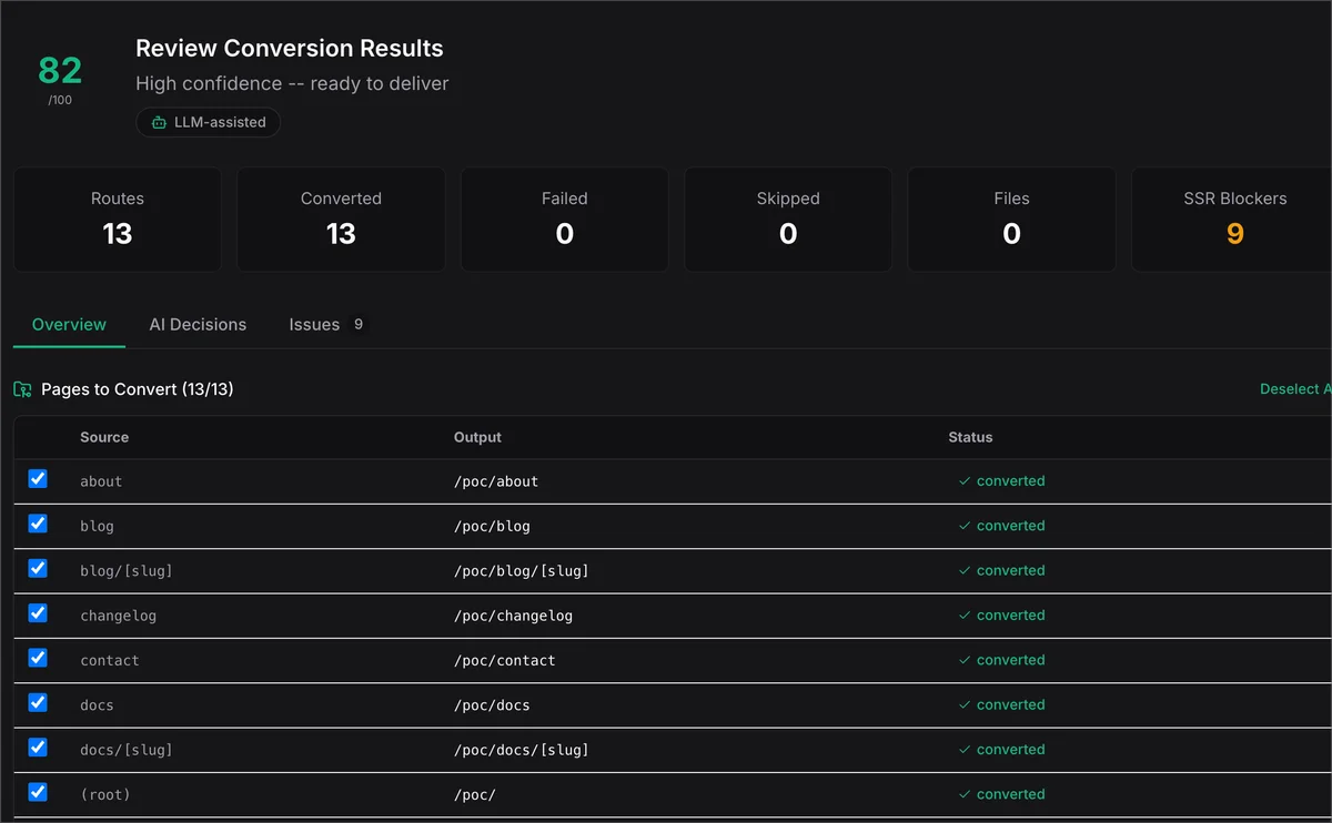 Interface showing results of conversion with SSR blocking issues highlighted for SEO optimization