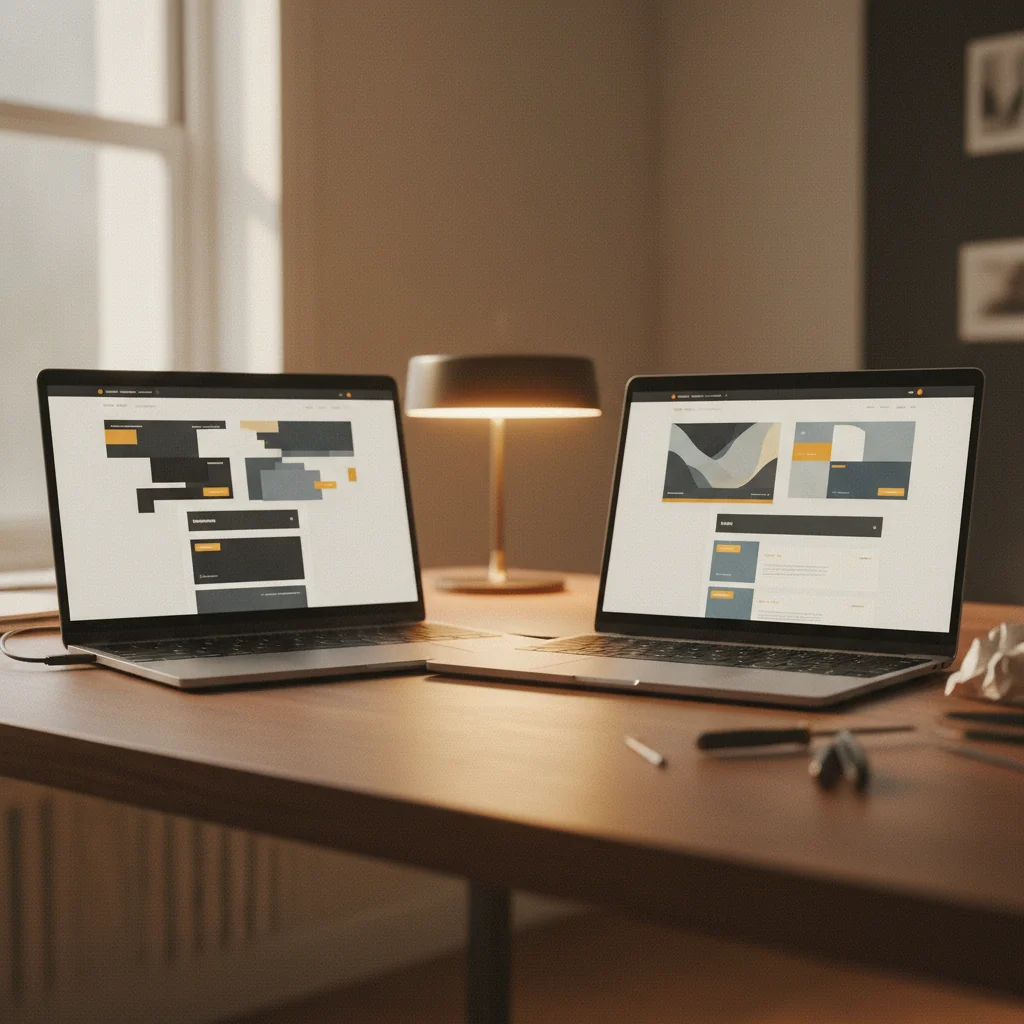 Two laptops on a wooden desk either side of a lamp, each showing a light page layout built from grey and yellow blocks.